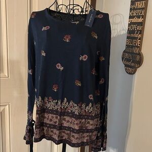 Lucky Brand Floral Long Sleeve Top - Navy and Burgundy